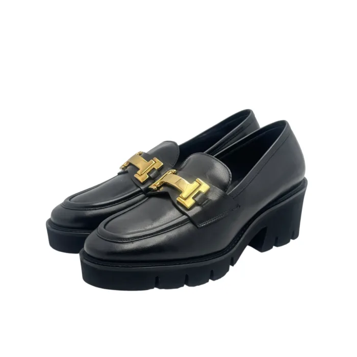 Mocassino Luca Grossi In Pelle Nera con Accessorio Morsetto Oro Tacco 6,5 cm art. K674M, foto 5 di 6