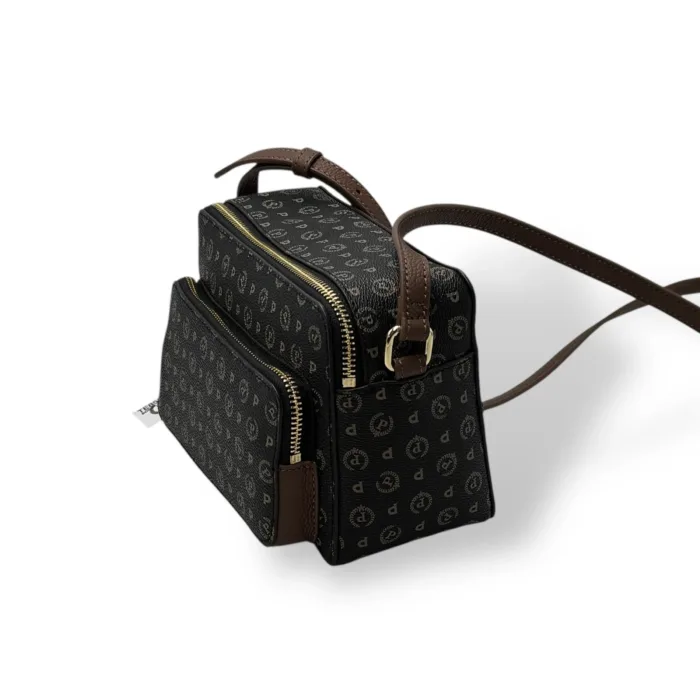Borsa A Tracolla Pollini Heritage in Pelle Nera con Dettagli Marroni E Tasca Con Cerniera Frontale art. TE8535PP0MQ1100D, foto 2 di 4