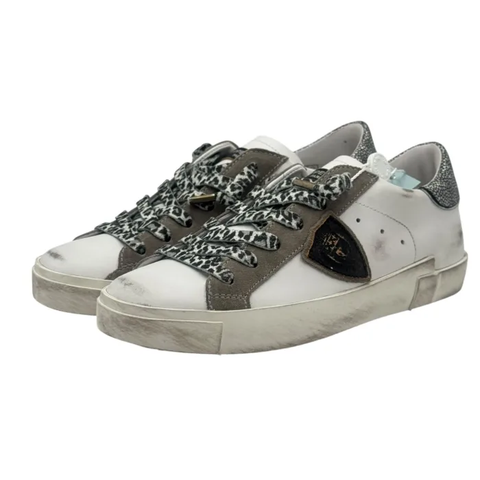 Sneakers Donna Philippe Model Paris Prsx In Pelle Bianca Spoiler Cangiate e Laccio Maculato Bianco Nero art. PRLD VML2, foto 5 di 6