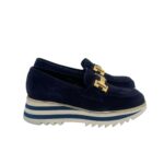 Mocassino Luca Grossi In Camoscio Blu con Accessorio Morsetto Oro Tacco 4 cm art. K674M