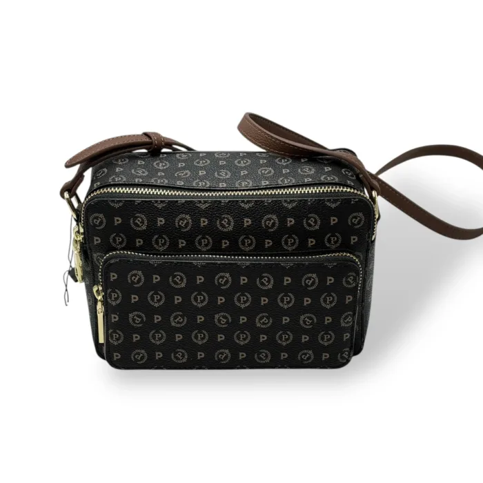 Borsa A Tracolla Pollini Heritage in Pelle Nera con Dettagli Marroni E Tasca Con Cerniera Frontale art. TE8535PP0MQ1100D, foto 3 di 4