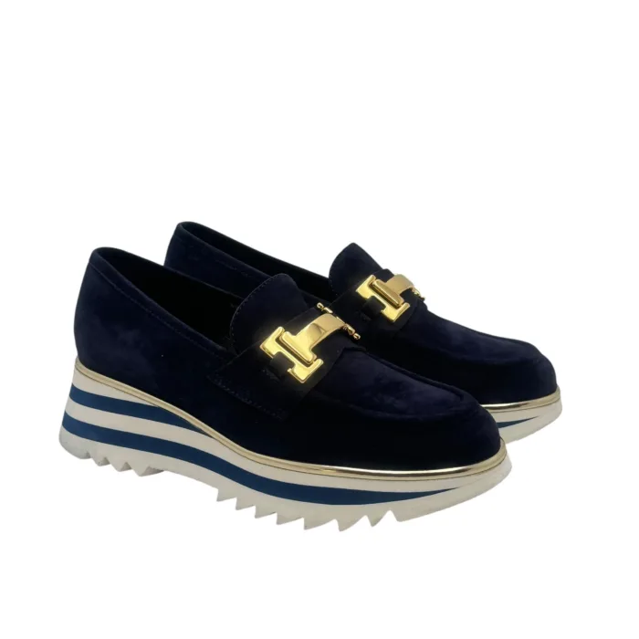 Mocassino Luca Grossi In Camoscio Blu con Accessorio Morsetto Oro Tacco 4 cm art. K674M, foto 2 di 6