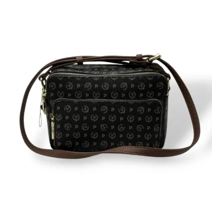 Borsa A Tracolla Pollini Heritage in Pelle Nera con Dettagli Marroni E Tasca Con Cerniera Frontale art. TE8535PP0MQ1100D