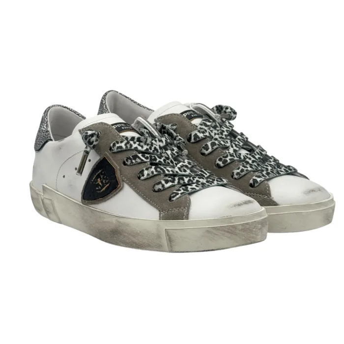 Sneakers Donna Philippe Model Paris Prsx In Pelle Bianca Spoiler Cangiate e Laccio Maculato Bianco Nero art. PRLD VML2, foto 3 di 6