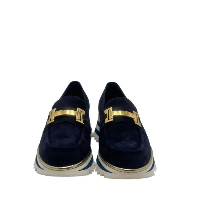 Mocassino Luca Grossi In Camoscio Blu con Accessorio Morsetto Oro Tacco 4 cm art. K674M, foto 3 di 6