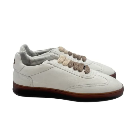 Sneakers Invernale Uomo Soldini In Pelle Avorio, Lacci e Plantare in Lanetta art. Akira Nabuk Bianco 1230 Marrone