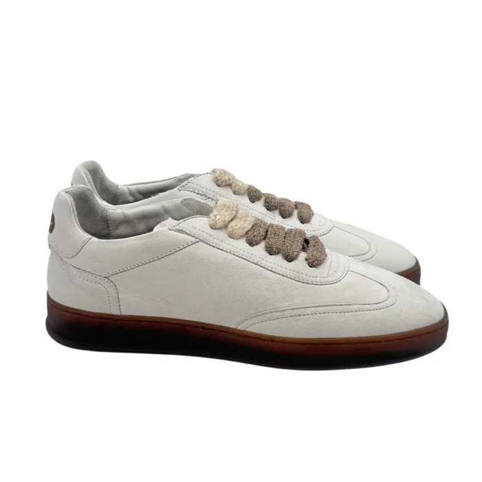 Sneakers Invernale Uomo Soldini In Pelle Avorio, Lacci e Plantare in Lanetta art. Akira Nabuk Bianco 1230 Marrone, foto 1 di 7