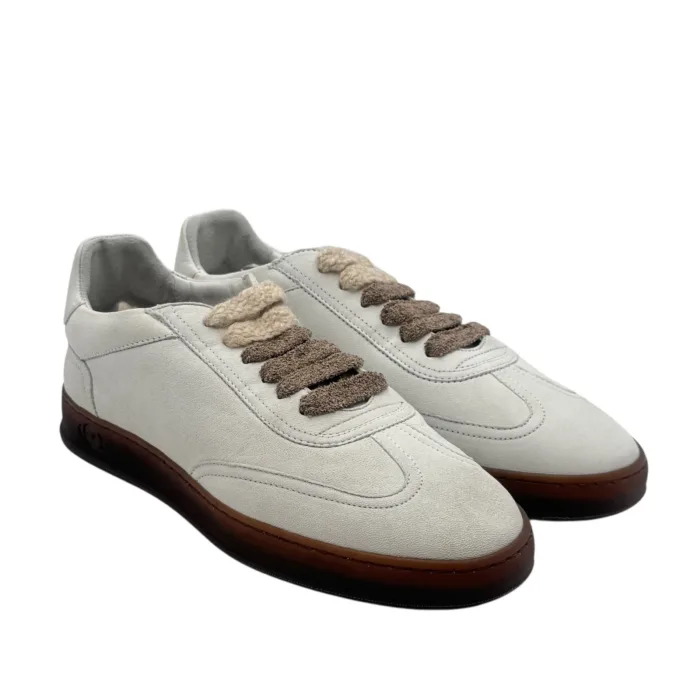 Sneakers Invernale Uomo Soldini In Pelle Avorio, Lacci e Plantare in Lanetta art. Akira Nabuk Bianco 1230 Marrone, foto 2 di 7