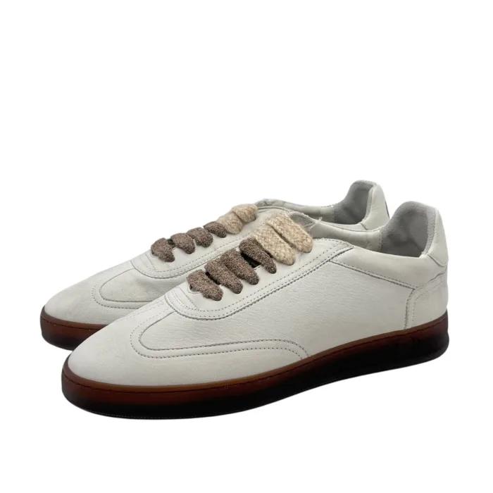 Sneakers Invernale Uomo Soldini In Pelle Avorio, Lacci e Plantare in Lanetta art. Akira Nabuk Bianco 1230 Marrone, foto 5 di 7