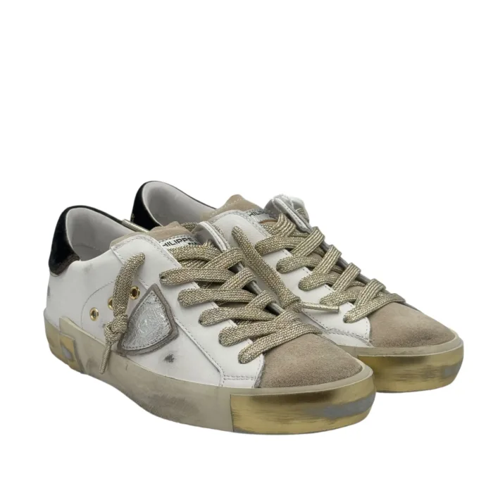 Sneakers Donna Philippe Model Paris Prsx In Pelle Bianca Spoiler Verde e Linguetta Camoscio art. PRLD XE07, foto 4 di 6