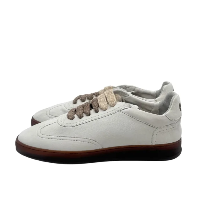 Sneakers Invernale Uomo Soldini In Pelle Avorio, Lacci e Plantare in Lanetta art. Akira Nabuk Bianco 1230 Marrone, foto 4 di 7