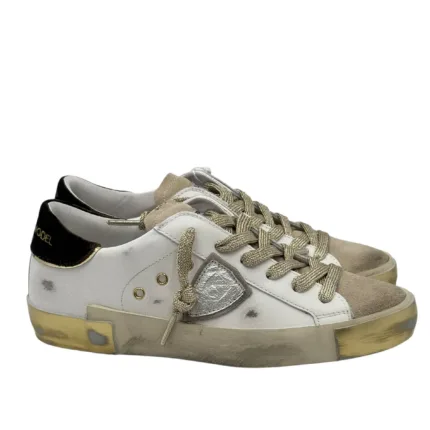 Sneakers Donna Philippe Model Paris Prsx In Pelle Bianca Spoiler Verde e Linguetta Camoscio art. PRLD XE07