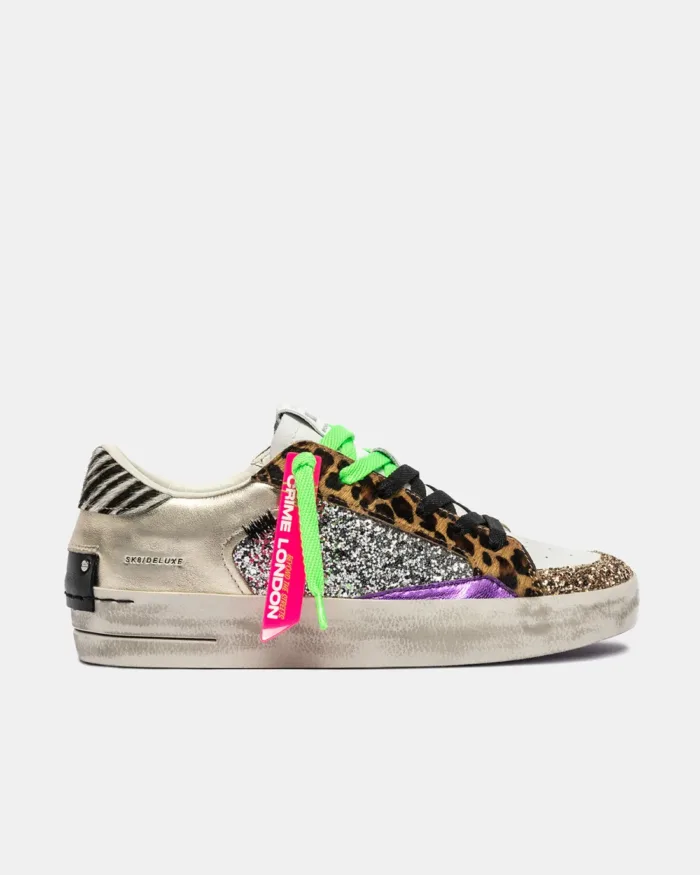 Sneaker Donna Crime London SK8 Deluxe in Pelle Bianca e Glitter Oro Dettagli Maculati art. 25104AA8.68, foto 1 di 4