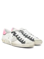 Sneakers Donna Philippe Model Paris Prsx In Pelle Bianca Dettagli Glitter Nero Spoiler in Fucsia Linguetta Camoscio art. PRLD VG05 - immagine 2