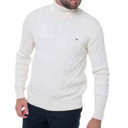 Maglione Collo Alto Con Treccie Uomo In Cotone Tommy Hilfiger Avorio art. MW0MW40439 Z00