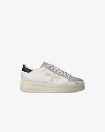 Sneakers Premiata Donna in Pelle Avorio e Dettagli Glitter Argento art. Claudia 7756