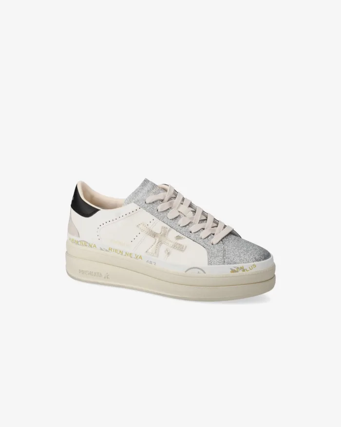 Sneakers Premiata Donna in Pelle Avorio e Dettagli Glitter Argento art. Claudia 7756, foto 2 di 5