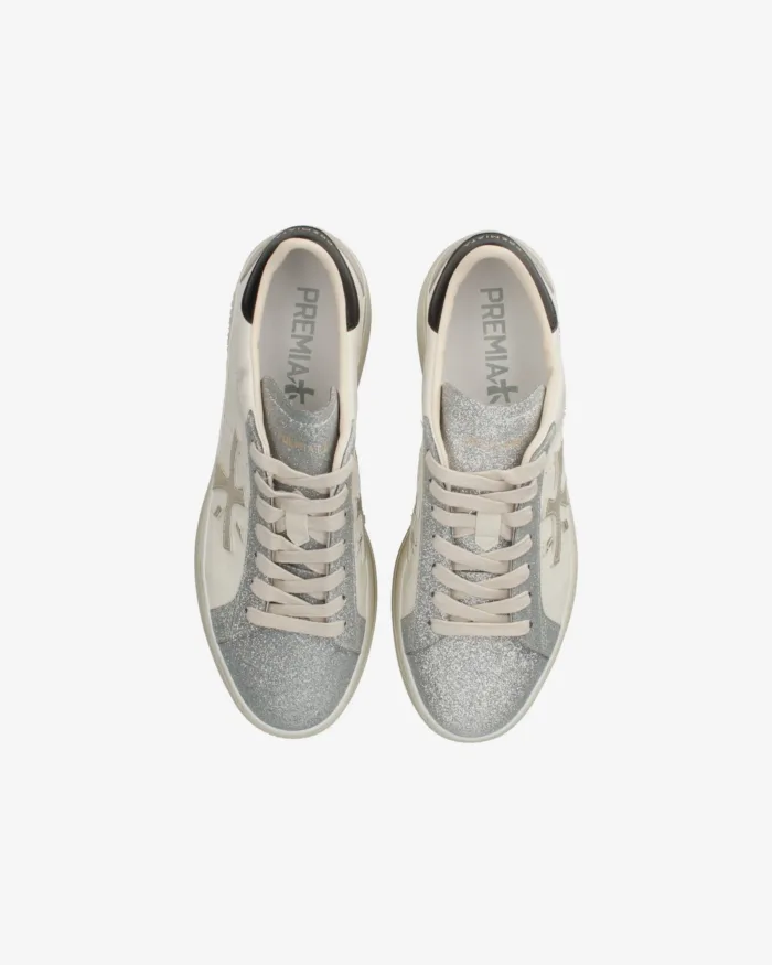 Sneakers Premiata Donna in Pelle Avorio e Dettagli Glitter Argento art. Claudia 7756, foto 5 di 5