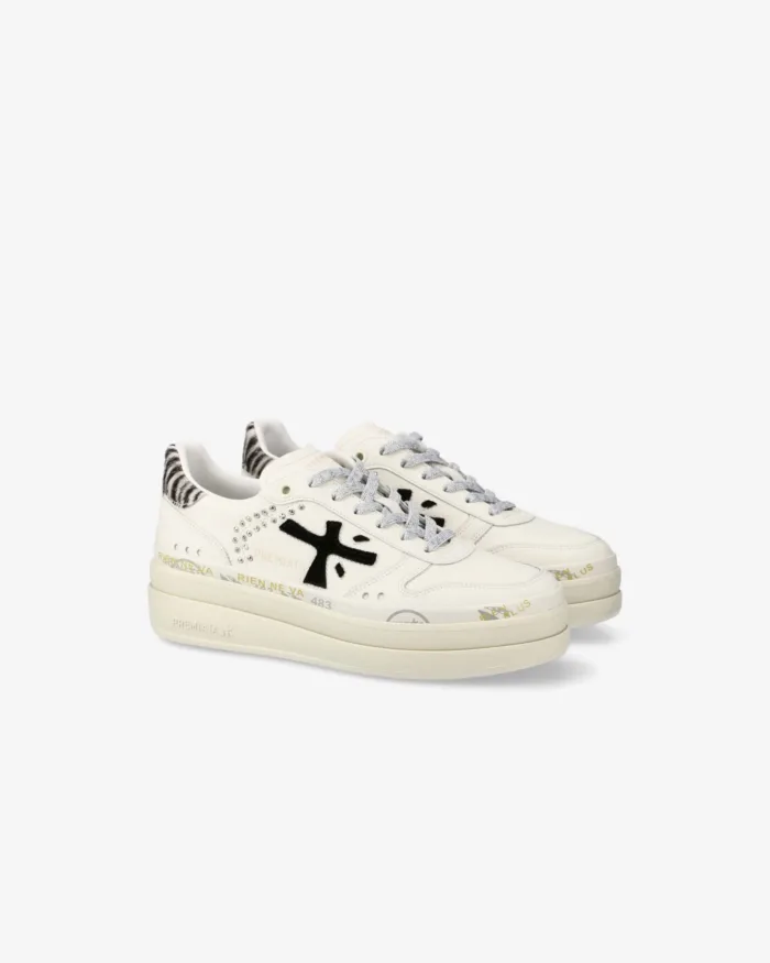 Sneakers Premiata Donna in Pelle Avorio e Dettagli Zebrati art. Micol 7752, foto 2 di 4