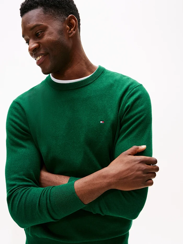 Maglione Girocollo Uomo Cotton Cashmere Tommy Hilfiger Verde Bosco art. MW0MW28046 MQ8, foto 4 di 5