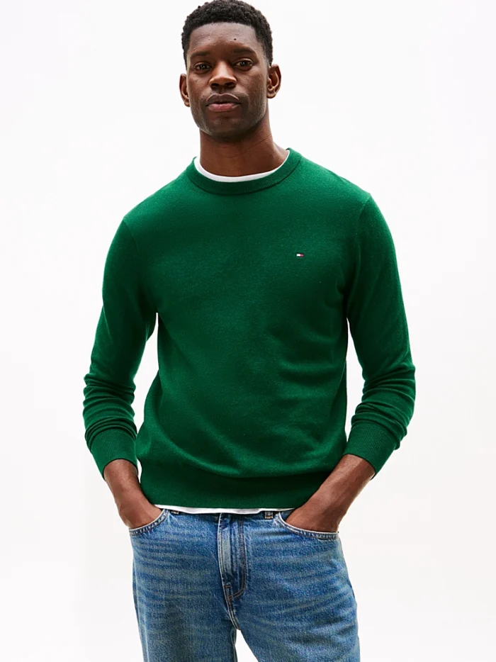 Maglione Girocollo Uomo Cotton Cashmere Tommy Hilfiger Verde Bosco art. MW0MW28046 MQ8, foto 2 di 5