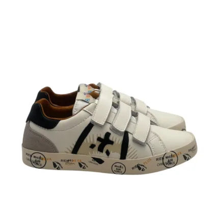 Sneakers Premiata Kids In Pelle Bianca E dettagli Neri Chiusura Strappi art. Andy V