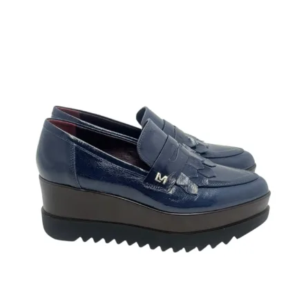Mocassino Lorenzo Mari in Vernice Blu Con Frange  H 6 cm Art Clea 02