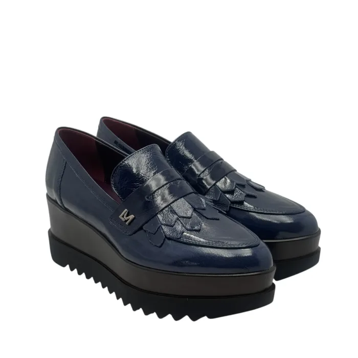 Mocassino Lorenzo Mari in Vernice Blu Con Frange  H 6 cm Art Clea 02, foto 2 di 6