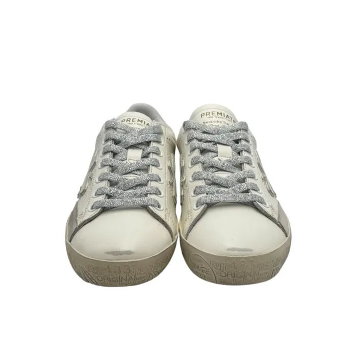 Sneakers Premiata Donna in Pelle Bianca e Dettagli Argento e Cavallino Bianco art. Stevend 7608, foto 3 di 6