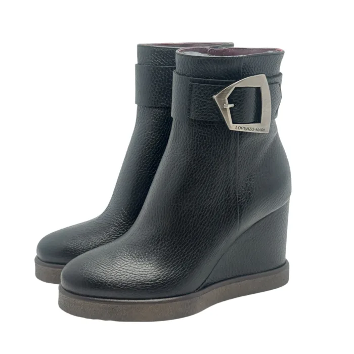 Tronchetto Lorenzo Mari in Pelle Martellata Nera Zeppa H 9 cm Plateau 2 Cm art. Nicole 06, foto 5 di 5