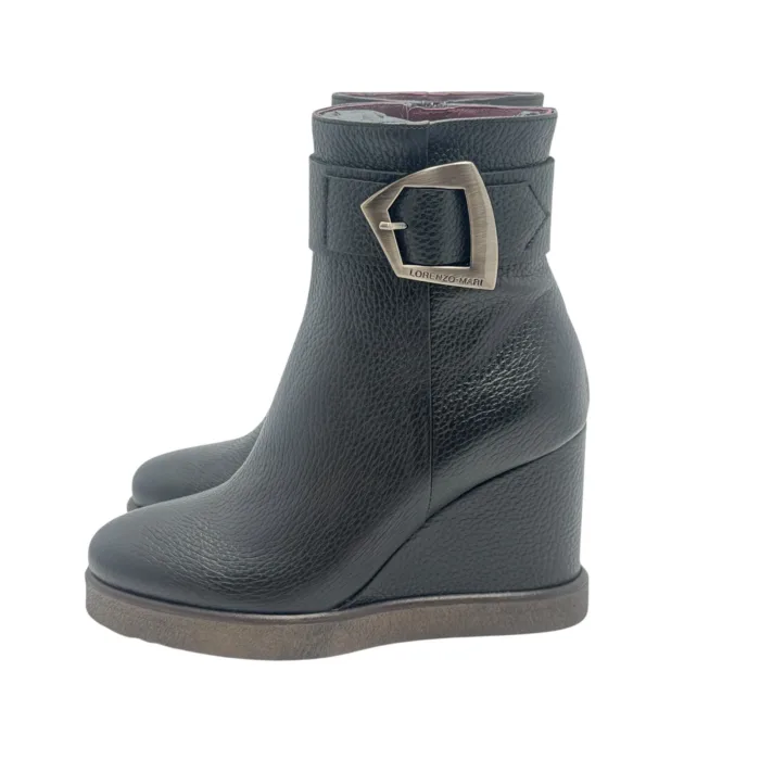 Tronchetto Lorenzo Mari in Pelle Martellata Nera Zeppa H 9 cm Plateau 2 Cm art. Nicole 06, foto 4 di 5