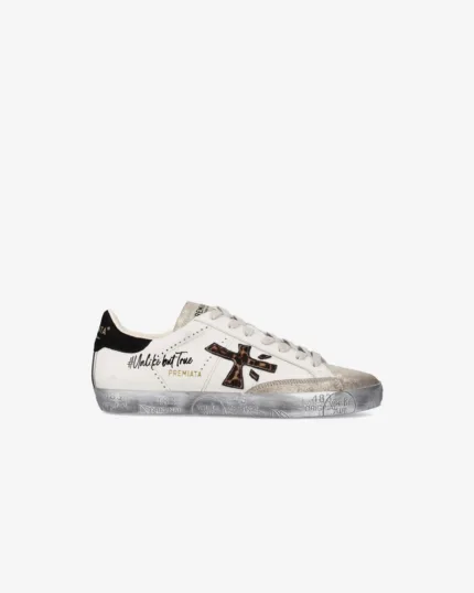 Sneakers Premiata Donna in Pelle Bianca e pelle Glitter Oro art. Stevend 7605