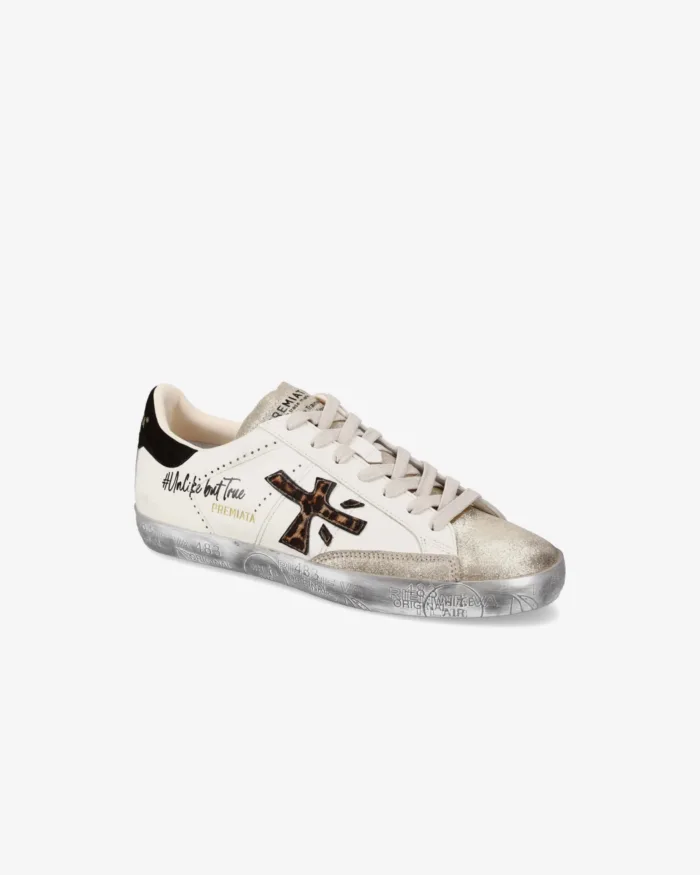 Sneakers Premiata Donna in Pelle Bianca e pelle Glitter Oro art. Stevend 7605, foto 5 di 5