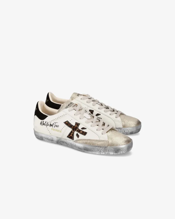 Sneakers Premiata Donna in Pelle Bianca e pelle Glitter Oro art. Stevend 7605, foto 2 di 5