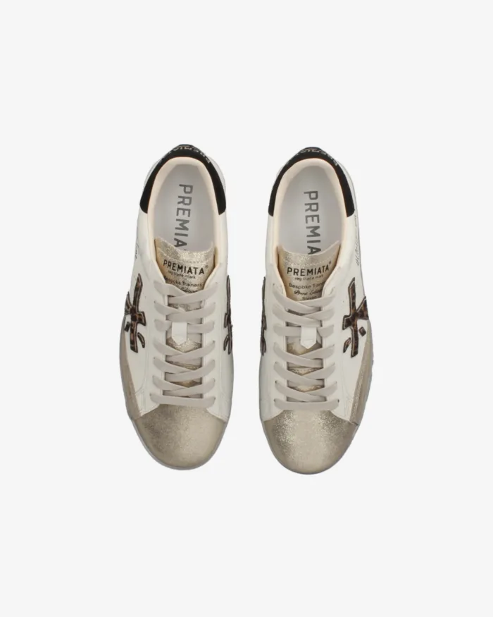 Sneakers Premiata Donna in Pelle Bianca e pelle Glitter Oro art. Stevend 7605, foto 4 di 5