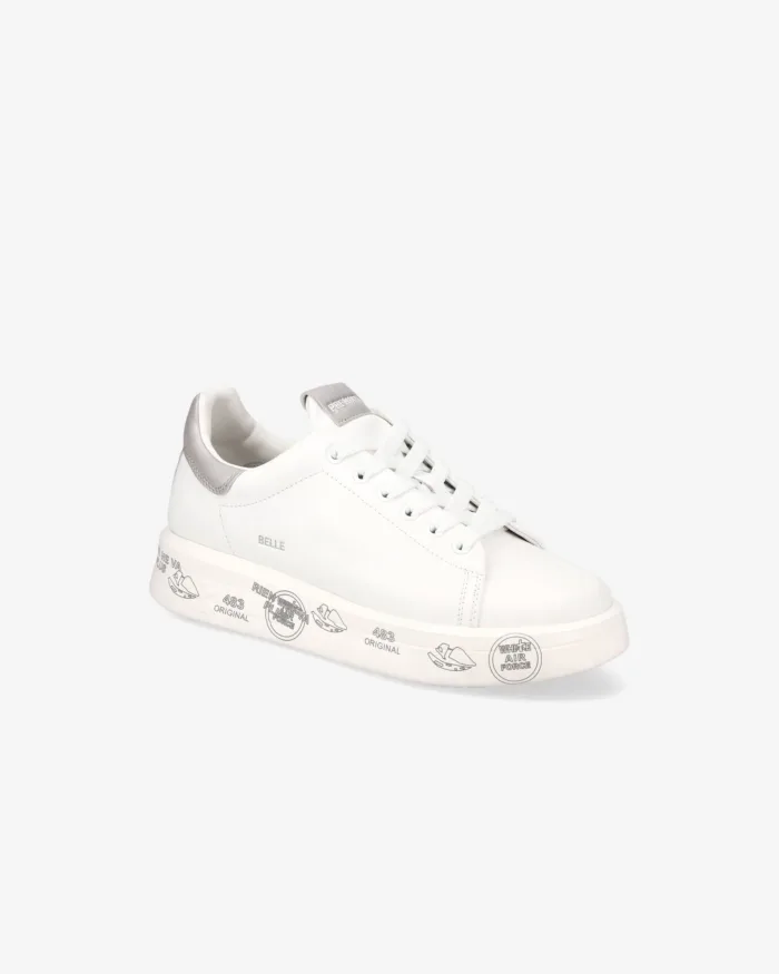 Sneakers Premiata Donna in Pelle Avorio e Dettagli Glitter Argento art. Belle 7447, foto 2 di 4