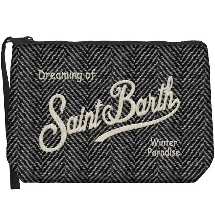 Pochette Mc2 Saint Barth in Lanetta Nera art. Aline Wool Herringbone 0015 EMB, foto 1 di 1