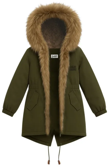 Parka Brenna Mc2 Saint Barth Verde Militare in Tessuto Cerato Cappuccio Pelliccia art. BRENNA WAX 52 MILITARY SB PATCH