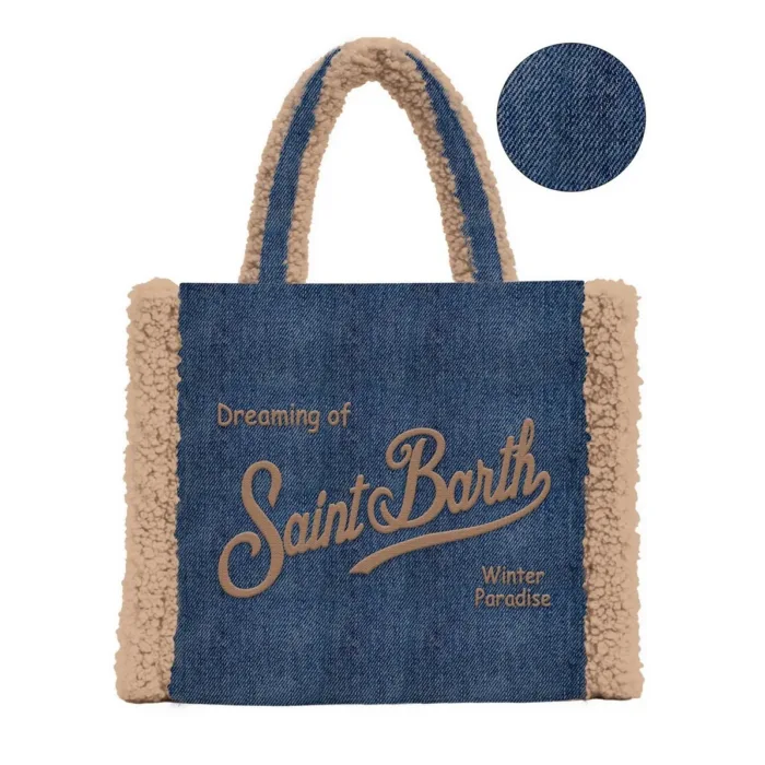 Borsa A Spalla Media Mc2 Saint Barth Denim Scuro art. Colette Shearling Denim Dark 12 Emb, foto 1 di 1