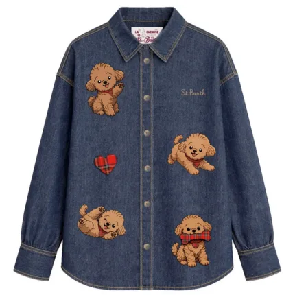 Camicia Denim Mc2 Saint Barth Blu Scuro Dettagli Ricamati  art. GIGY DENIM D POODLE FRIENDS EMB