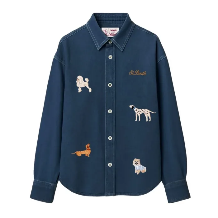 Camicia Denim Mc2 Saint Barth Blu Scuro Dettagli Ricamati  art. GIGY DENIM D PUPPY MIX EMB, foto 1 di 1