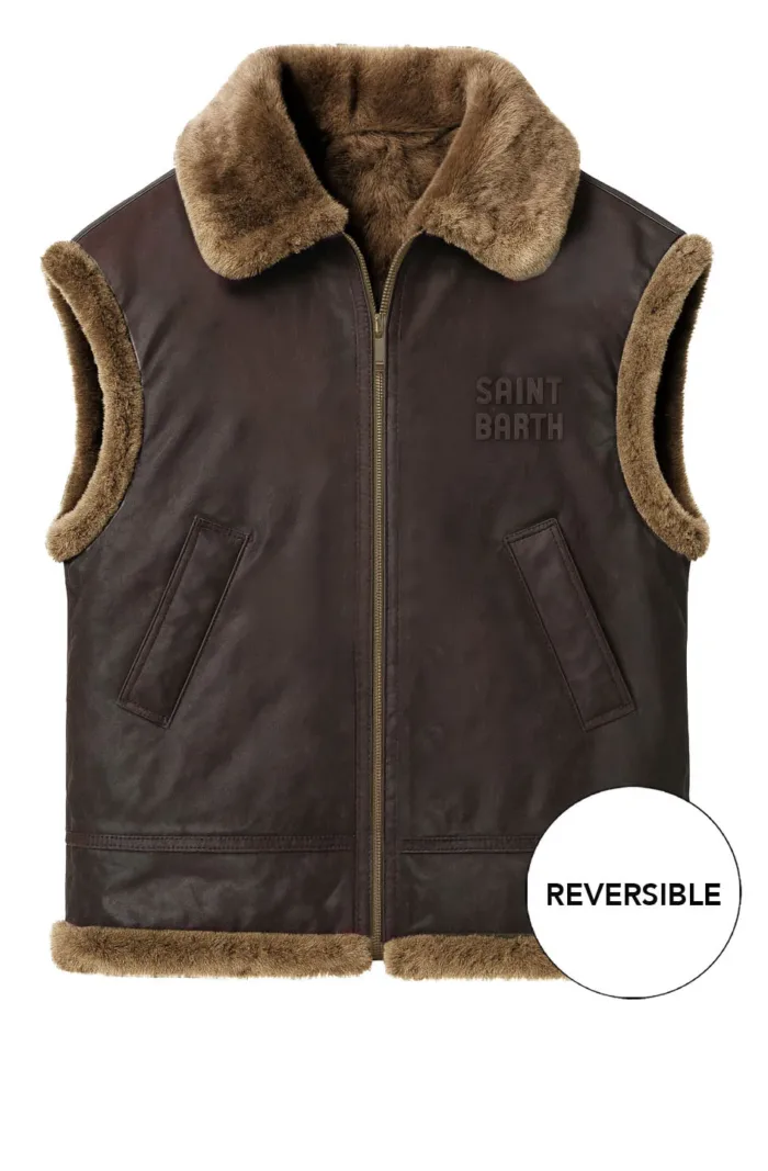 Gilet Hesketh Mc2 Saint Barth Marrone in Montone sintetico con Ricamo western art. HESKETH WAX FUR 18D DARK BROWN SB PATCH, foto 1 di 1