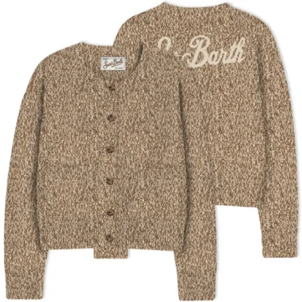 Cardigan  Mc2 Saint Barth 100% Lana Marrone e Bianco  art. JANOU MOULINE 19 CAMEL