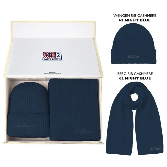 Kit Sciarpa e Cappellino in Cashmere blu art. WENGEN RIB KIT CASHMERE 62 NIGHT BLUE, foto 1 di 1
