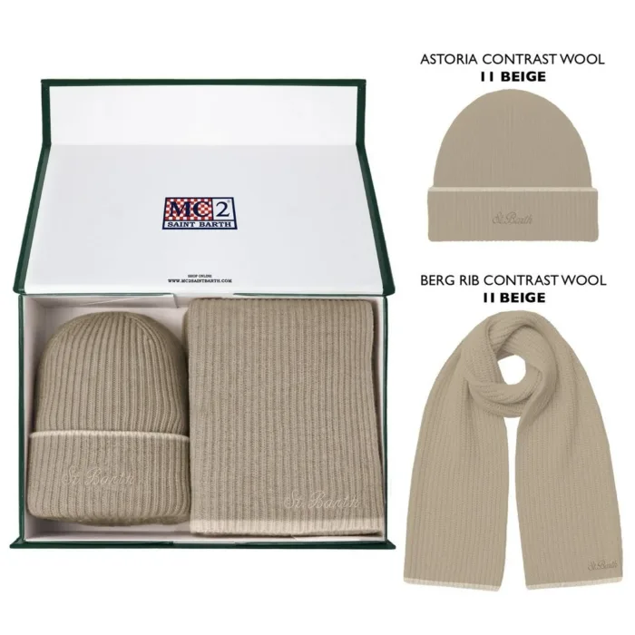 Kit Sciarpa e Cappellino in Lana Beige art. KIT CONTRAST WOOL 11 BEIGE, foto 1 di 1