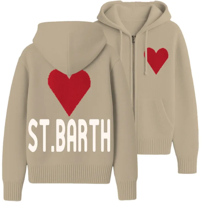 Felpa con Cappuccio e Zip in Maglia Mc2 Saint Barth Beige Cuori Rossi art. KYLA HOODIE BIG ST BARTH 1141, foto 1 di 1
