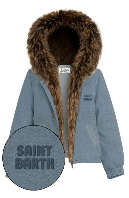Giacca Imbottita Mc2 Saint Barth in Denim Con Cappuccio Pelliccia  art. LAWRENCE DENIM M SB PATCH
