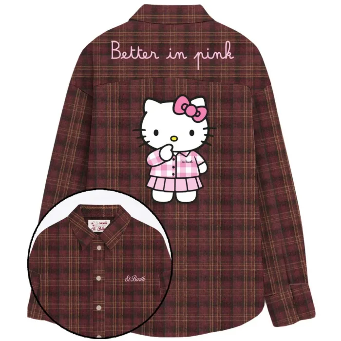 Camicia Mc2 Saint Barth in Flanella Tartan Bordeaux Hello Kitty  art. LULLY FLANNEL HK BETTER TARTAN 45 EMB, foto 1 di 1