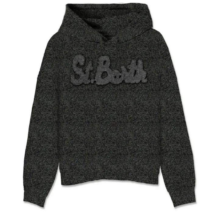 Felpa con Cappuccio Mindy Mc2 Saint Barth Nera in Lurex  art. MINDY W LUREX ST BARTH 00 PATCH EMB, foto 1 di 1