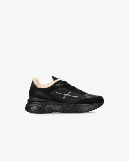Sneakers Premiata Donna in Tessuto e Camoscio Nero e Pelliccia Interna art. Moerund 7795M